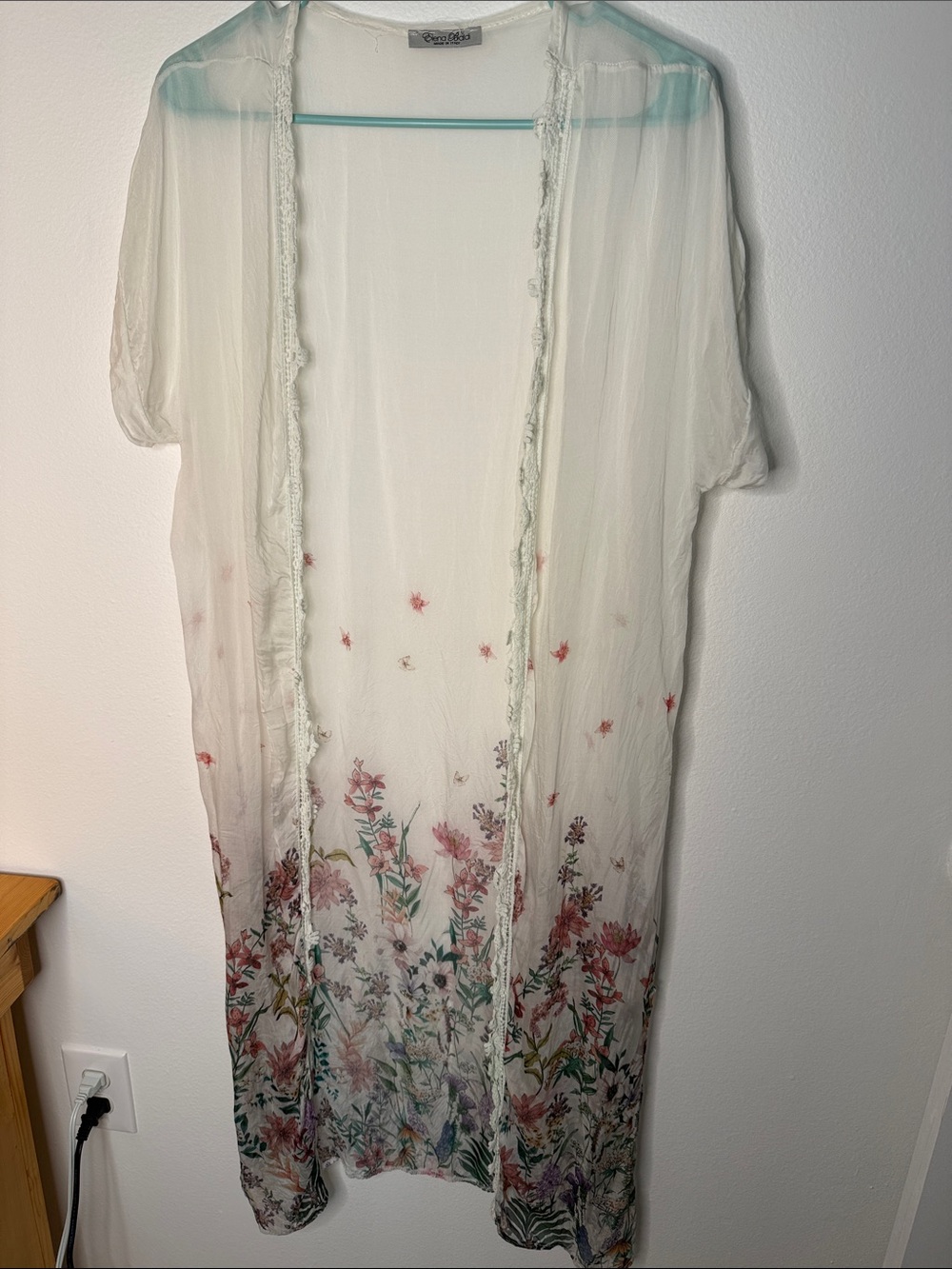 Elena Baldi Italy Sheer Floral Kimono Cardigan Swim Cover-Up Boho Crochet Lace